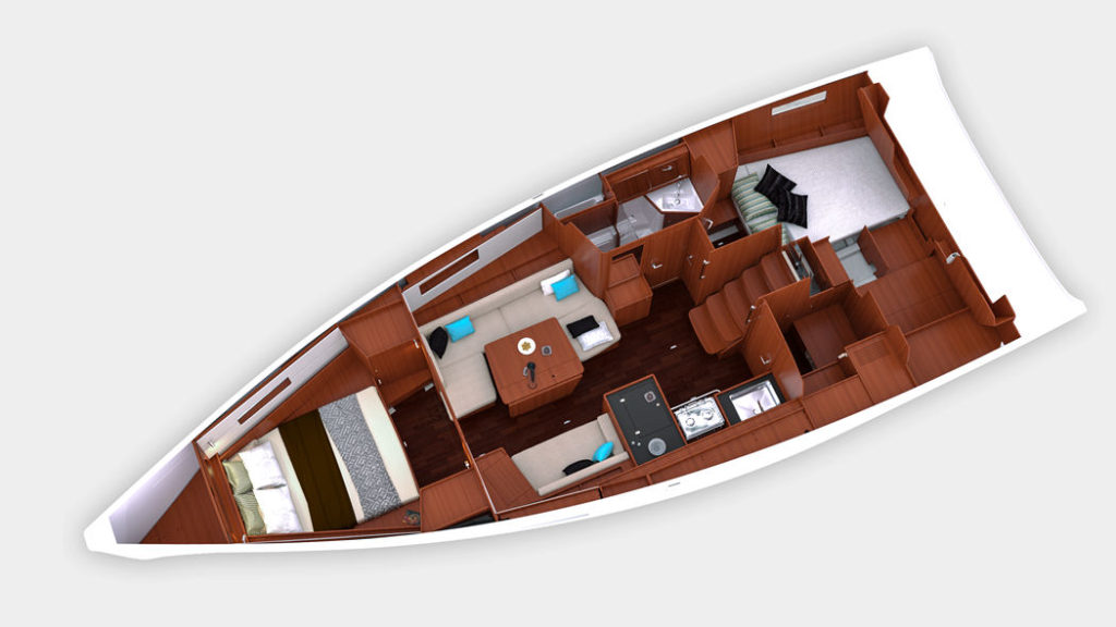 Plan view of the Oceanis 41.1 in the two stateroom, single head configuration.
