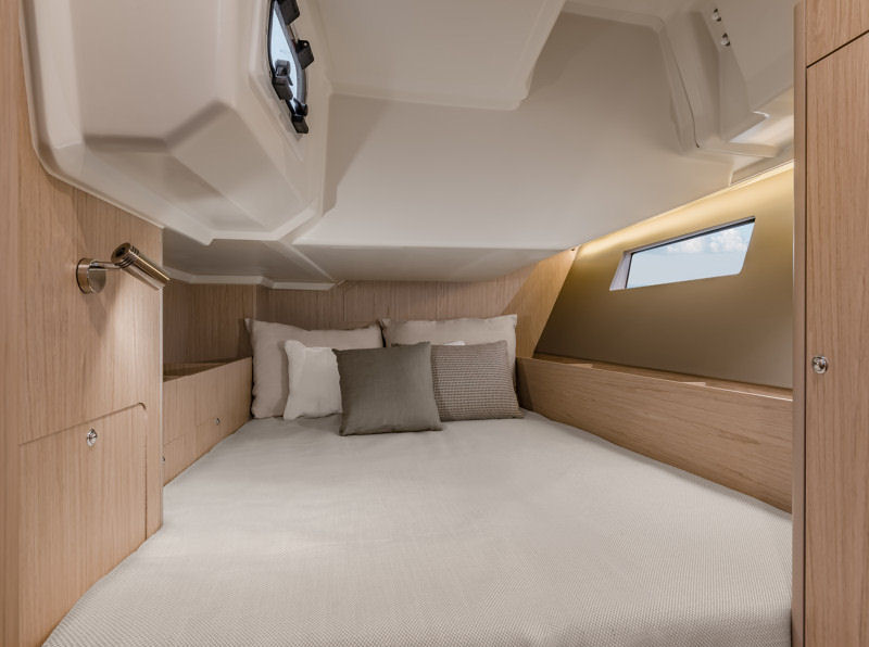 The port quarter berth. In the two cabin configuration, this is replaced by the storage locker in the two stateroom layout.