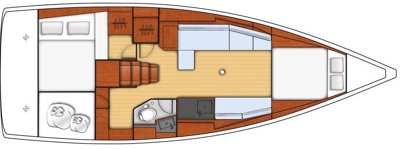"Weekender" -- With two staterooms both with beds the same size, the owner and VIP guest couple will have similar accommodations.